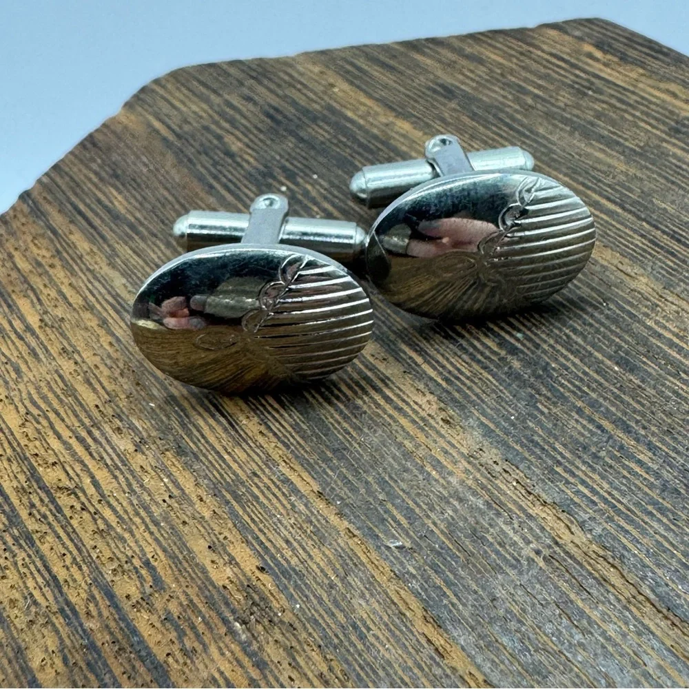 vintage silver tone cuff links etched design oval MCM dapper wedding formal